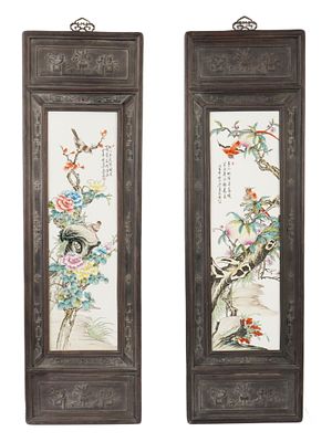 CHINESE PAINTINGS ON PORCELAIN IN CARVED FRAMES. A pair of matching Chinese paintings on 