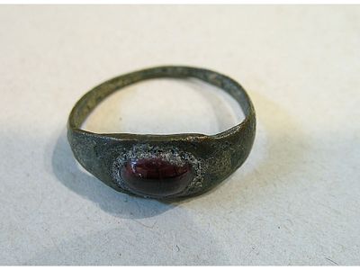 BRONZE RING WITH RED STONE. Authentic Ancient Roman Antiquities Bronze Ring, 1st -4th century 