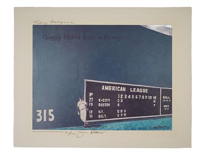 TEDDY BALLGAME AUTOGRAPHED LITHOGRAPH BY JAMES DOBBINS. James Dobbins, American, 1924 to 1994 