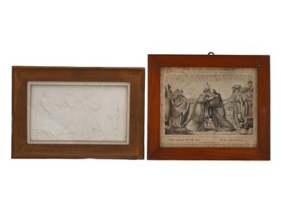 ANTIQUE BIBLICAL SCENES ENGRAVING AND CERAMIC PLAQUE. A lot of two antique framed artworks 
