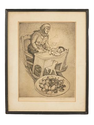 JUDAICA GENRE SCENE ETCHING BY SAUL RASKIN SIGNED. Saul Raskin, American, Ukrainian, 1878 to 