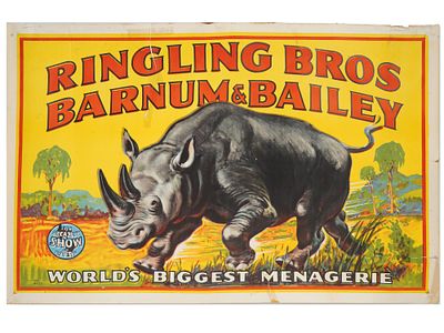 VINTAGE AMERICAN CIRCUS POSTER RINGLING BROS RHINOCEROS. A vintage American circus poster for 