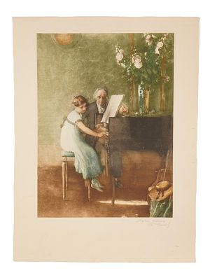 ФРАНЦУЗСКИЙ ОФОРТ ПОСЛЕ ЖЮЛЯ АЛЕКСИСА МЮНЬЕ, ПОДПИСАН. Цветной офорт на бумаге, изображающий 