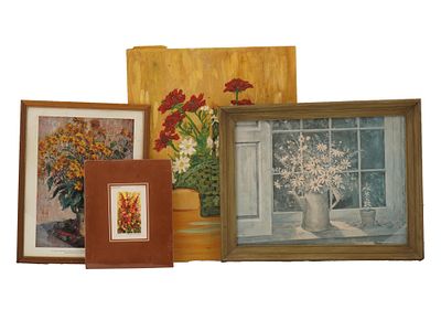 НАТЮРМОРТ МАСЛОМ НА ХОЛСТЕ И ТРИ ГРАВЮРЫ. Лот из четырех винтажных предметов: картина маслом на 