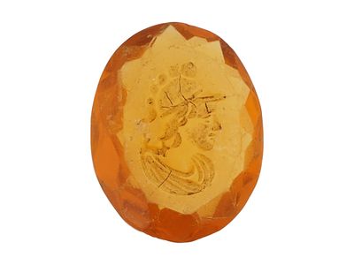 ANTIQUE CARVED INTAGLIO MALE PROFILE WITH HELMET. An antique carved intaglio featuring a male 