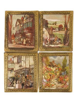 VINTAGE METALLIC FOIL LITHOGRAPH PRINTS ENGLISH VILLAGE. A group of four vintage metallic foil 