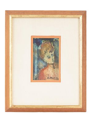 MANNER OF HENRI MATISSE FEMALE PORTRAIT PAINTING. A vintage watercolor and gouache on paper 