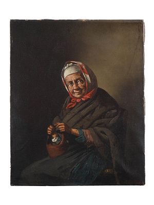 ANTIQUE PAINTING ELDERLY WOMAN IN A RED HEAD SCARF. An antique oil painting on canvas depicting 