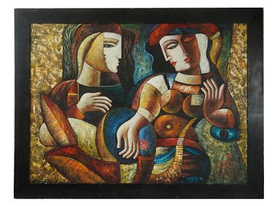 MANNER OF OLEG ZHIVETIN CUBIST OIL PAINTING SIGNED. Oil on canvas painting. American, early 21st 