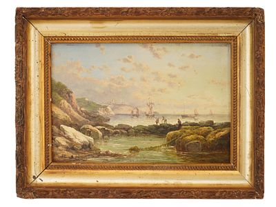 COASTAL OIL PAINTING SIGNED JOHN MUNDELL. A coastal oil painting on wood board signed John 
