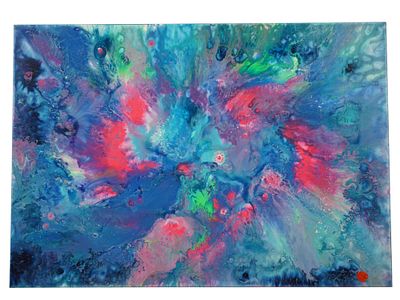 ABSTRACT PAINTING SIGNED TIBERIU SOOS BLUE ILLUMINATION. An acrylic painting on canvas titled 