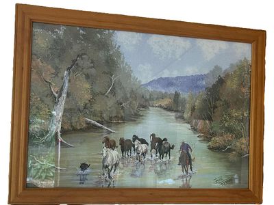 BOB RUSSELL (AUSTRALIAN) PAINTING OIL ON BOARD -HORSES. Bob Russell (Australian, 20th century) 