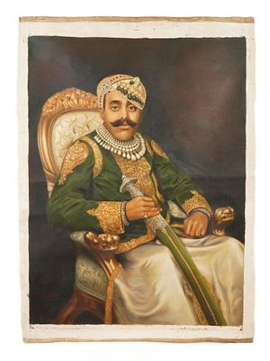 INDIAN PORTRAIT OIL PAINTING SIGNED RAJA RAVI VARMA. An Indian oil painting on canvas depicting 