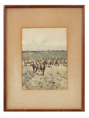 ANTIQUE US TROOPERS MOUNTED HAND COLOR MILITARY PRINT. An antique hand colored print on paper 