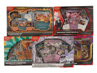 LOT OF 5 SEALED POKEMON EX BOXES. A collection of five sealed Pokemon "EX" collection boxes. 