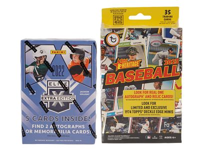 2023 TOPPS HERITAGE BASEBALL 2022 PANINI ELITE BOXES. Two sealed baseball card products from 