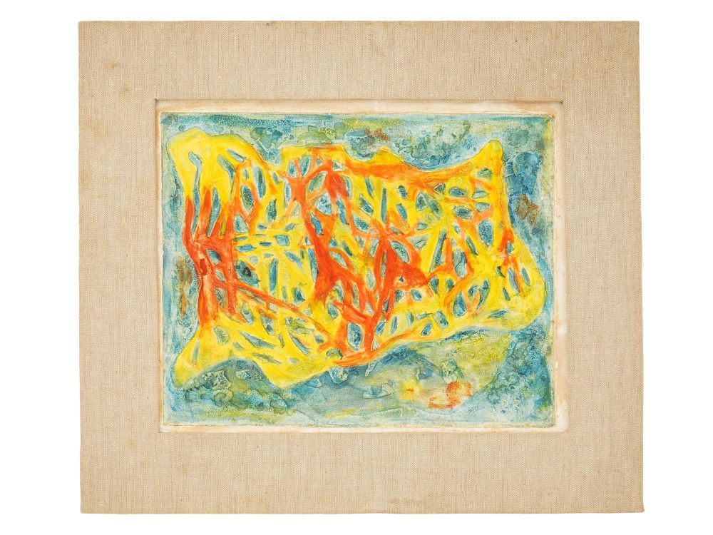 DOLF RIESER SOUTH AFRICAN ABSTRACT PRINT ON PLASTER. An abstract print on plaster, siigned with 