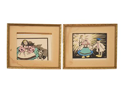 TWO PRINTS BY LOTTIE MEYER CATOK FAITHFUL AND ROMANCE. Two hand-colored linocut prints by 