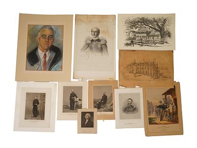 ANTIQUE AMERICAN PRESIDENTIAL MILITARY WORKS ON PAPER. A group of ten antique and vintage 