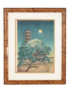 JAPANESE WOODBLOCK BY OMURA KOYO PAGODA IN MOONLIGHT. A Japanese woodblock print titled Pagoda 