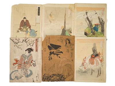 ANTIQUE JAPANESE WOODBLOCKS AND WATERCOLOR PAINTING. A group of antique six Japanese woodblock 