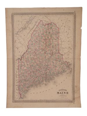 ANTIQUE AMERICAN HAND COLORED JOHNSONS MAP OF MAINE. An antique hand-colored map titled Johnsons 