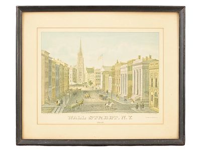 1847 ENGRAVING WALL STREET NY AFTER AUGUST KOELLNER. An antique colored engraving on paper, Wall 