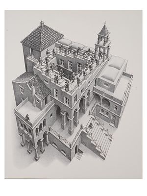 AFTER ESCHER DUTCH IMPOSSIBLE OBJECT OFFSET PRINT. Offset print on board, after the 1960 artwork 