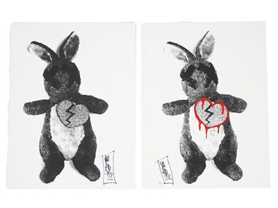 ADAM DARE AMERICAN BROKEN HEART BUNNY SILKSCREENS. A pair of silkscreen prints on paper by Adam 