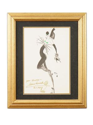 HAND PAINTED FASHION SKETCH SIGNED LOUIS FERAUD. A hand-painted haute couture fashion sketch 