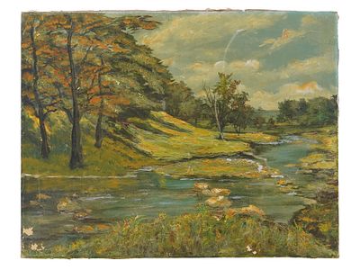 AMERICAN LANDSCAPE OIL PAINTING SIGNED DERRICO. Oil on canvas painting. American, early to 