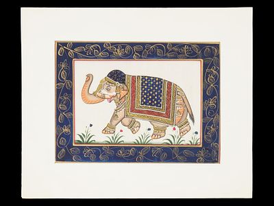 INDIAN RAJASTAN SCHOOL IMPERIAL ELEPHANT OIL PAINTING. An antique Indian Rajasthani School 