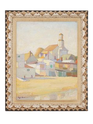 ИТАЛЬЯНСКИЙ ГОРОДСКОЙ ПЕЙЗАЖ, НАПИСАННЫЙ МАСЛОМ, ПОДПИСАН СЭМОМ САМИРОМ БАРБЕРОМ. Винтажная 