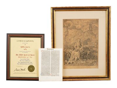 ANTIQUE MADONNA OF ANIMALS ENGRAVING DEUTERONOMY PAGE. A lot of antique items, an engraving on 