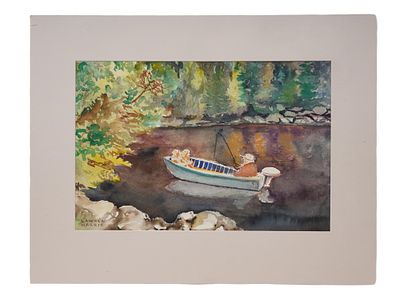 MID CENTURY WATERCOLOR PAINTING FIGURE IN A SMALL BOAT. A mid-century watercolor painting 