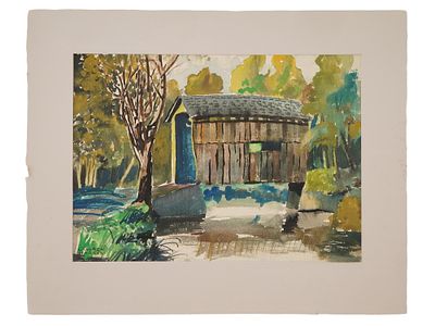 CANADIAN RURAL LANDSCAPE WATERCOLOR PAINTING FRAMED. A watercolor painting on paper depicting a 