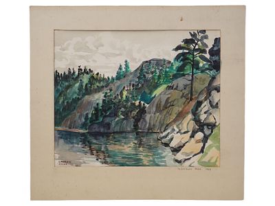 MID CENTURY WATERCOLOR PAINTING ALGONQUIN PARK. A mid-century watercolor painting titled 