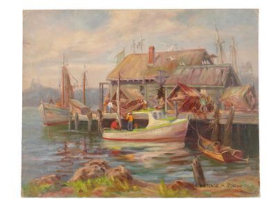 MID CENTURY OIL PAINTING FISHING DOCK SIGNED. A mid-century oil painting on canvas over board 