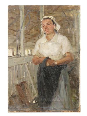 RUSSIAN PAINTING BY PETER RUZHEINIKOV PIG TENDER. A mid-century Russian oil painting on canvas 