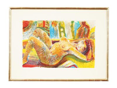 LITHOGRAPH RECLINING NUDE BY ROGER MONTANE 1963. A vintage color lithograph titled Reclining 