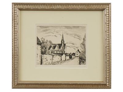MAURICE DE VLAMINCK FRENCH ETCHING OF CHURCH. Maurice de Vlaminck, French, 1876 to 1958, an 