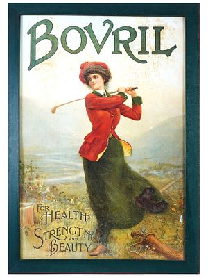 LARGE ENGLISH BOVRIL WOMAN PLAYING GOLF PRINT. A large vintage English print of an original 