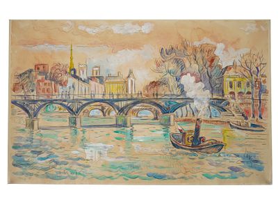 FRENCH CITYSCAPE MIXED MEDIA PAINTING AFTER PAUL SIGNAC. A mixed media painting on paper 