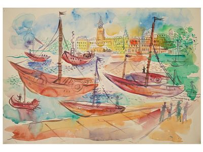 FRENCH SCHOOL WATERCOLOR PAINTING AFTER RAOUL DUFY. A watercolor painting on paper depicting a 