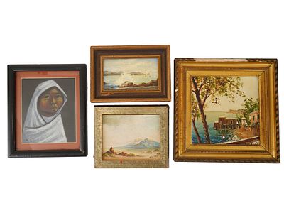 MINIATURE LANDSCAPE AND PORTRAIT PAINTINGS. A lot of four miniature landscape and portrait 