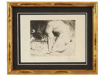 ETCHING MINOTAUR SLEEPING GIRL BY PABLO PICASSO. An etching titled Minotaur Caressing the Hand 
