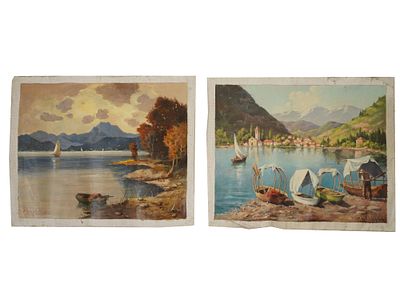 LOT OF TWO LANDSCAPE LAKE SCENES OIL PAINTINGS SIGNED. A lot of two original oil on canvas 