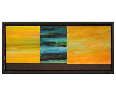 VINTAGE OIL ABSTRACT LANDSCAPE PAINTING 1988. A vintage oil on wood board abstract landscape 