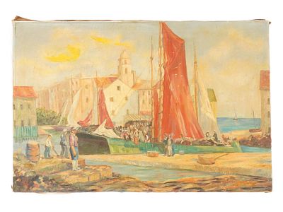 HARBOUR SCENE OIL PAINTING AFTER WILLIAM LEE HANKEY. An oil painting on canvas depicting a 