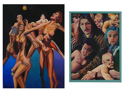 TWO CONTEMPORARY OIL PAINTINGS JILLANY ROSS FIGURES. Two contemporary oil paintings on canvas. 